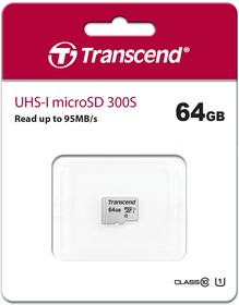 Фото 1/10 TS64GUSD300S, Флеш карта microSD 64GB Transcend microSDXC Class 10 UHS-I U1, (без адаптера), TLC