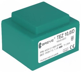 TEZ10/D400/9V, Трансформатор: залитый, 10ВА, 400ВAC, 9В, 1111,1мА, PCB, IP00, 280г