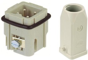 09200032611+19200030420, Han A Series 3 Way Male 10A Panel Feed Through Set, includes Hood, Insert