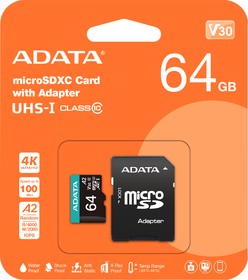 Фото 1/2 Флеш карта microSD A-DATA 64GB microSDXC Class 10 UHS-I U3 V30S A2 100/75 MB/s (SD адаптер)