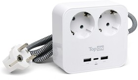 Сетевой фильтр TopON TOP-PWS2 на 2 розетки с 2 USB-A и USB-C 4000W 1.5 м белый