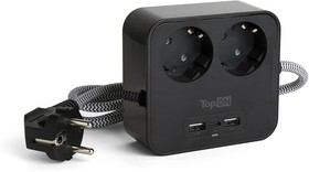 Сетевой фильтр TopON TOP-PWS2 на 2 розетки с 2 USB-A и USB-C 4000W 1.5 м черный
