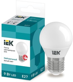 Фото 1/3 Лампа светодиодная Eco G45 9Вт шар 4000К нейтр. бел. E27 230В IEK LLE-G45-9-230-40-E27
