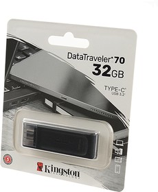 Фото 1/10 KINGSTON USB 3.0/3.2 Gen 1/Type-C 32GB DataTraveler 70 чёрный BL1, Носитель информации