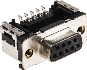 154236, TMC 9 Way Right Angle SMT D-sub Connector Socket, 2.74mm Pitch, with 4-40 UNC Inserts