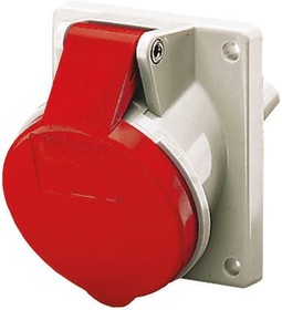 1496, IP44 Red Panel Mount 4P Angled Industrial Power Socket, Rated At 32A, 400 V