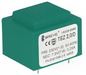 Фото 1/2 TEZ2/D230/7.5V, Трансформатор: залитый, 2ВА, 230ВAC, 7,5В, 266,6мА, PCB, IP00, 90г