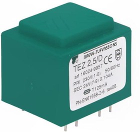 Фото 1/2 TEZ2.5/D230/24V, Трансформатор: залитый, 2,5ВА, 230ВAC, 24В, 104,1мА, PCB, IP00, 100г