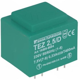 Фото 1/2 TEZ2.5/D230/7.5V, Трансформатор: залитый, 2,5ВА, 230ВAC, 7,5В, 333,3мА, PCB, IP00