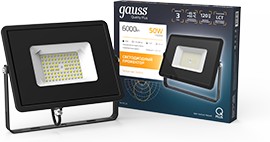 Фото 1/10 Gauss Прожектор Qplus 50W 6000lm 3000K 175-265V IP65 черный LED
