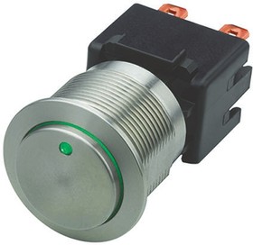 Фото 1/2 1241.6833.1122000, Illuminated Push Button Switch, Latching, Panel Mount, 22mm Cutout, DPDT, Green LED, 125/250V ac, IP64