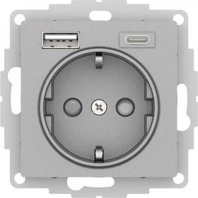 Фото 1/3 Systeme Electric AtlasDesign Алюминий Розетка 16А с USB A+C (5В/2,4А/3 А, 2х5В/1,5А), мех