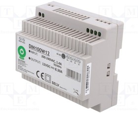 DIN100W12, Power supply: switched-mode; 100W; 12VDC; for DIN rail mounting