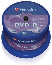Фото 1/6 43550, Диск DVD+R Verbatim 4.7 Gb, 16x, Cake Box (50), (50/200)