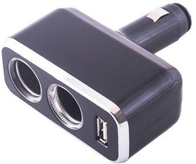 S02301021, Разветвитель прикуривателя 2 гнезда + USB SKYWAY Черный предохранитель 5А, USB 2A