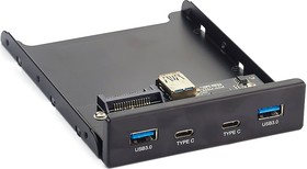 Фото 1/7 EX280448RUS, Планка USB на переднюю панель ExeGate U3H-619, 3,5", 2*USB3.0+2*TypeC, черная, металл, подсоединение к мат. плате