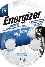 Фото 1/2 Литиевая Батарейка Energizer, Ultimate Lithium CR 2016 2 шт/блист (цена за блистер)
