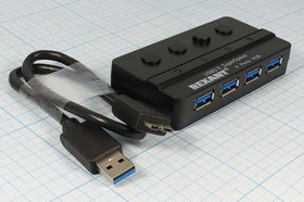 Фото 1/2 Разветвитель USB на 4-е порта с 4-мя независимыми выключателями, шнур шт USB A-гн USB Ax4+ON-OFF\0,5м\ HAB\18-4132; шнур штек USB A-гн USB A