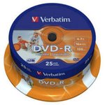 43538, Диск DVD-R Verbatim 4.7 Gb, 16x, Cake Box (25), Printable (25/200)