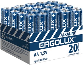 Фото 1/3 14675, Батарейка Ergolux AA/LR 6 Alkaline BP-20 (LR 6 BP20, 1.5В) (20 шт в уп.)