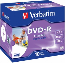 Фото 1/3 Диск DVD+R Verbatim 4.7Gb 16x Jewel case (10шт) Printable (43508)