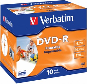 Фото 1/3 Оптический диск DVD-R VERBATIM 4.7Гб 16x, 10шт., jewel case, printable [43521]