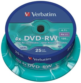 Фото 1/4 Диск DVD-RW Verbatim 4.7Gb 4x Cake Box (25шт) (43639)