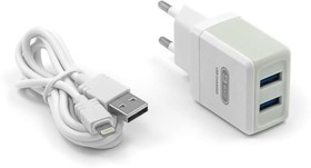 Фото 1/4 Сетевое зарядное устройство 2хUSB-А, 2.1А + кабель AM-8pin 1 м, белый, 23750-B36IW