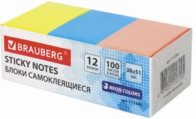 Фото 1/10 Блоки самоклеящиеся (стикеры) BRAUBERG 38х51 мм, 100 листов, НАБОР 12 штук, 3 неоновых цвета, 111345