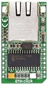 MIKROE-971, Дочерняя плата, ETH Click, автономный Ethernet контроллер ENC28J60, форм-фактор mikroBus