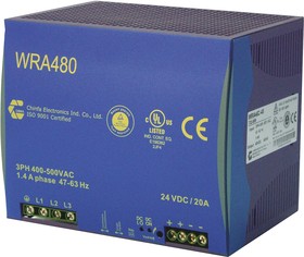 WRA480-24, WRA 480 Switched Mode DIN Rail Power Supply, 400V ac ac Input, 24V dc dc Output, 20A Output, 480W