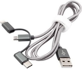 EX-K1403, Cable, USB-A Plug - USB Micro-B Plug / Apple Lightning / USB-C Plug, 1m, USB 2.0, Silver