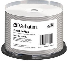 Фото 1/2 Оптический диск DVD-R VERBATIM 4.7Гб 16x, 50шт., 43744, cake box, printable