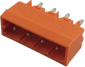 Фото 1/2 231-334/001-000, Male header - 4-pole - THT - 1.0 x 1.0 mm solder pin - straight - pin spacing 5.08 mm - orange