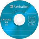 Оптический диск DVD-RW VERBATIM 4.7Гб 4x, 5шт., slim case, разноцветные [43563]