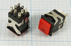 Переключатель кнопочный, 17x17, 220В, 3.0А, ON-(ON), черный/ красныйILСДкрасный, контакты 8C, KD2-22