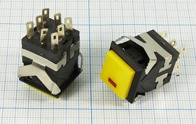 Переключатель кнопочный, 17x17, 220В, 3.0А, ON-(ON), черный/желтыйILСДкрасный, контакты 8C, KD2-22