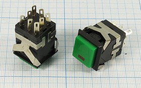 Переключатель кнопочный, 17x17, 220В, 3.0А, ON-ON, черный/ зеленыйILСДкрасный, контакты 8C, KD2-213