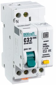 Фото 1/9 Выключатель автоматический дифференциального тока 2п (1P+N) C 32А 30мА тип AC 4.5кА ДИФ-102 2мод. DEKraft 16006DEK