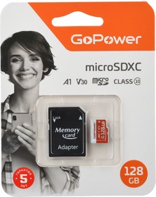 Карта памяти microSD GoPower 128GB Class10 UHS-I (U3) 100 МБ/сек V30 с адаптером