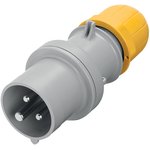 213.6330, IP44 Yellow Cable Mount 2P + E Industrial Power Plug, Rated At 64A, 110 V