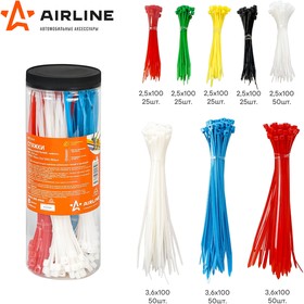Фото 1/3 ADTC001, Хомут пластиковый кабельный нейлон набор 300 шт. цветные Airline