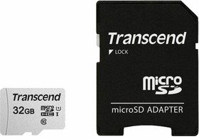 Фото 1/10 Карта памяти microSDHC 32 GB TRANSCEND UHS-I U3, 95 Мб/сек (class 10), адаптер, TS32GUSD300S-A