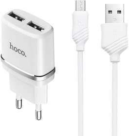 Фото 1/3 Зарядное устройство HOCO C12 Smart 2xUSB, 2.4А + USB кабель MicroUSB, 1м (белый)