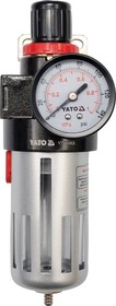 Фото 1/3 YT-2383, Фильтр-влагоотделитель 1/2 inch, 9.3 Bar, с индикатором и регулятором давления