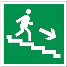 Знак эвакуационный "Направление к эвакуационному выходу по лестнице НАПРАВО вниз", 200х200 мм, пленка самоклеящаяся, 610018/Е13