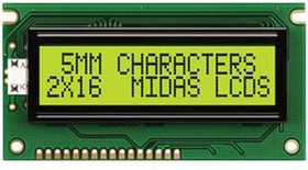 MC21605A6WD-SPTLY-V2, MC21605A6WD-SPTLY-V2 A Alphanumeric LCD Display Yellow-Green, 2 Rows by 16 Characters, Transflective