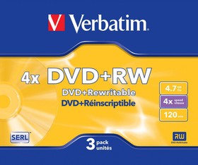 Фото 1/4 Оптический диск DVD+RW VERBATIM 4.7Гб 4x, 3шт., slim case [43636]