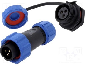 Фото 1/3 DS1110-24-03BU8, Разъем: круглый; "папа" + "мама"; PIN: 3; 5А; IP67; 500В; пайка