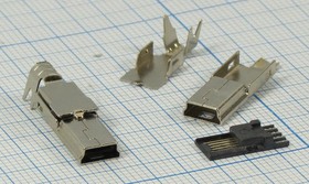 Штекер mini USB, Тип B, 4 контакта, на кабель, в металлическом корпусе; №11619 штек miniUSB \B\4P\каб\\miniUSB5T